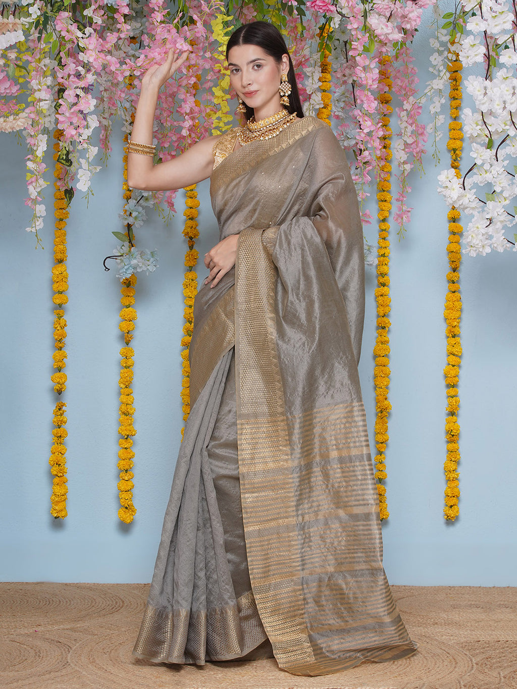 Tussar Silk Saree with Golden Zari Work - Grey