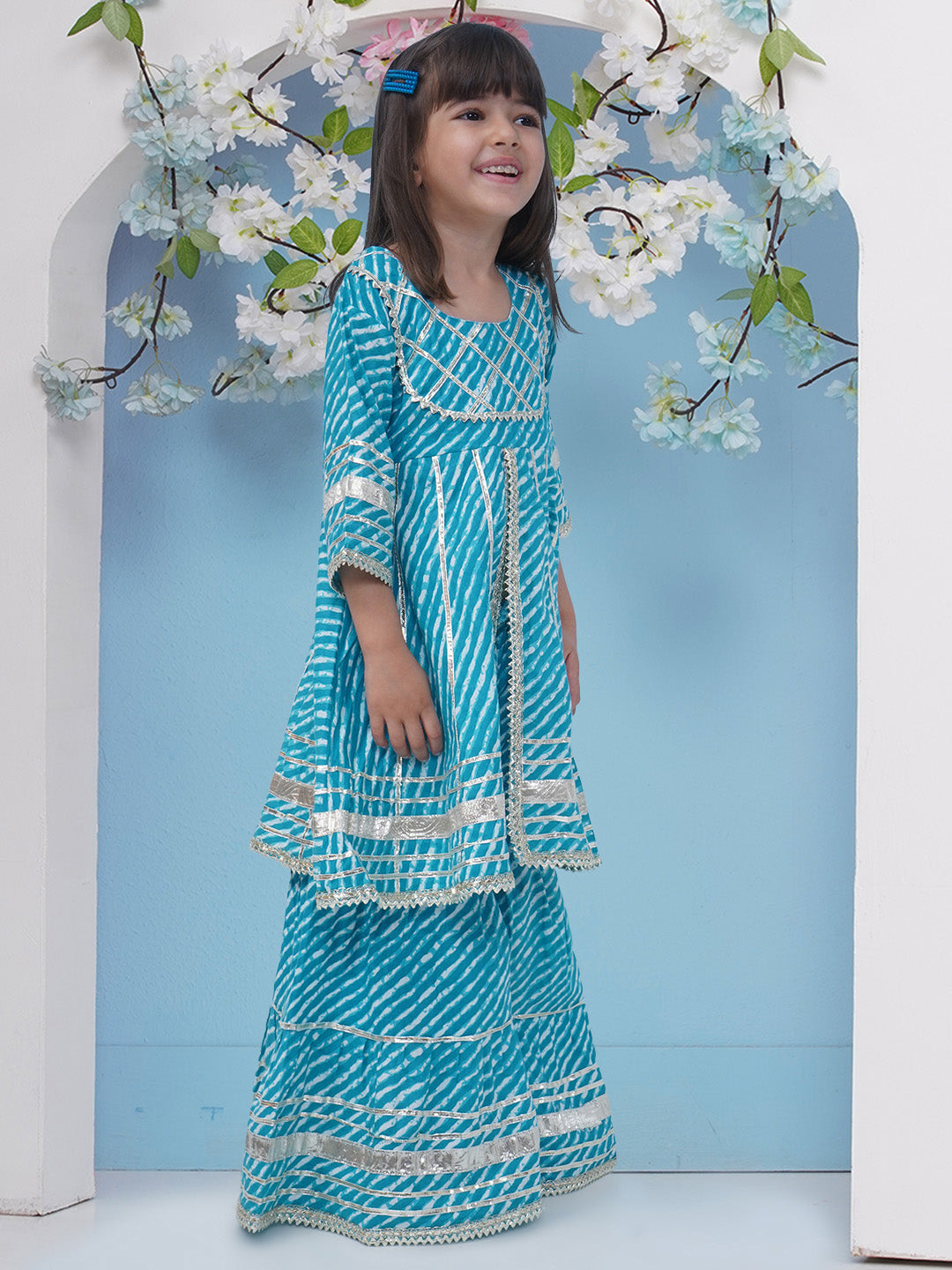 Girls Leheriya Print Gota Patti Pure Cotton Sharara - Blue