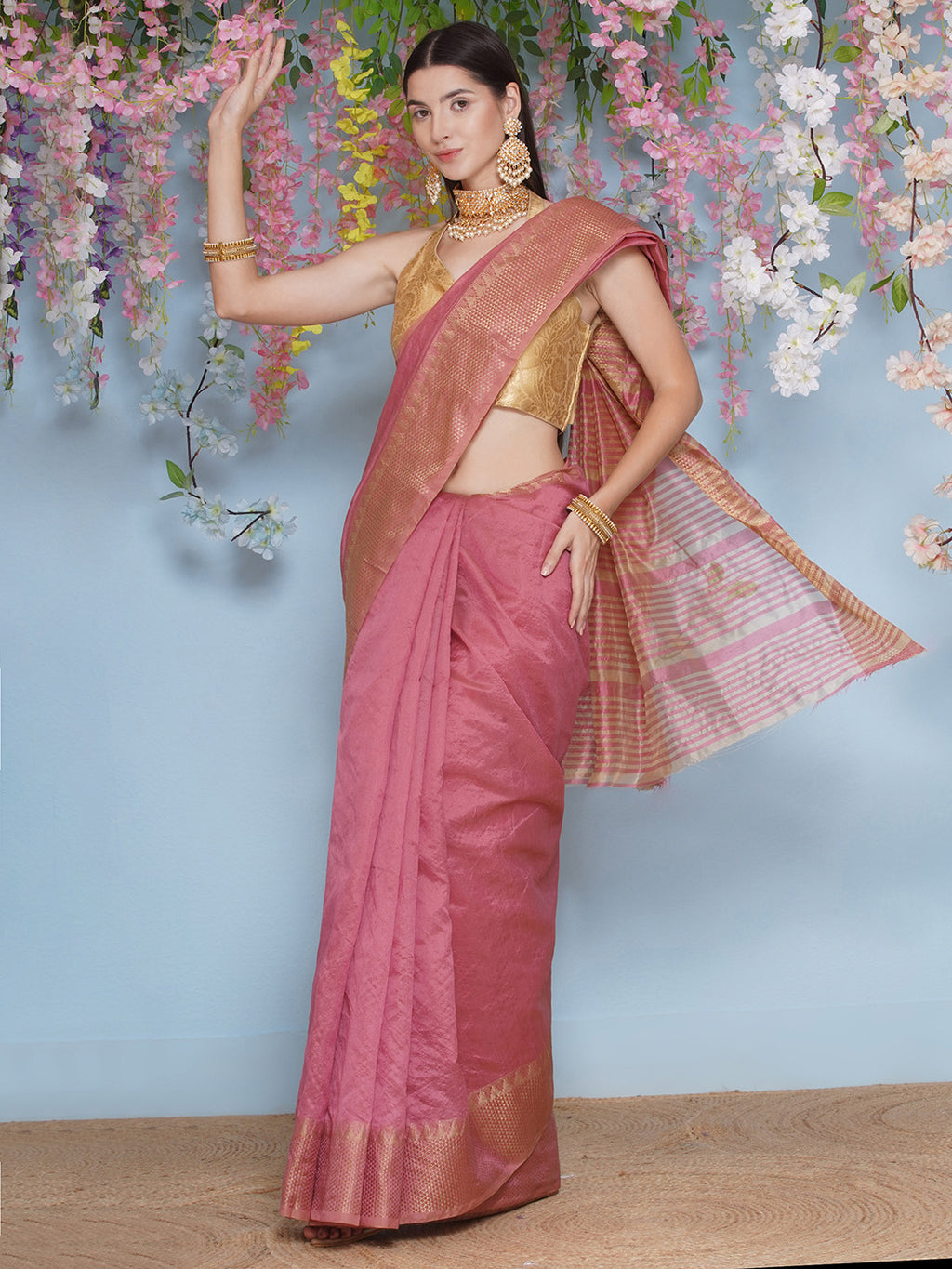 Tussar Silk Saree with Golden Zari Work - Coral Pink