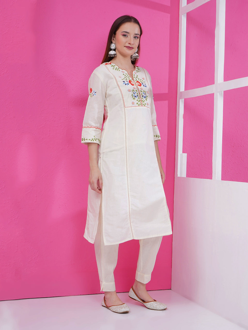 Embroidery Khadi Kurti & Pant Set - Cream
