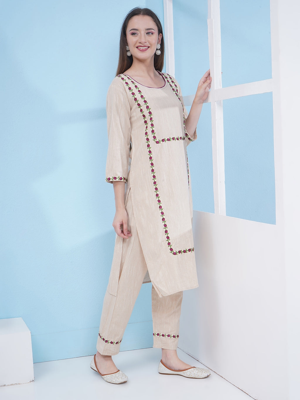 Embroidery Khadi Suit Set - Cream & Purple