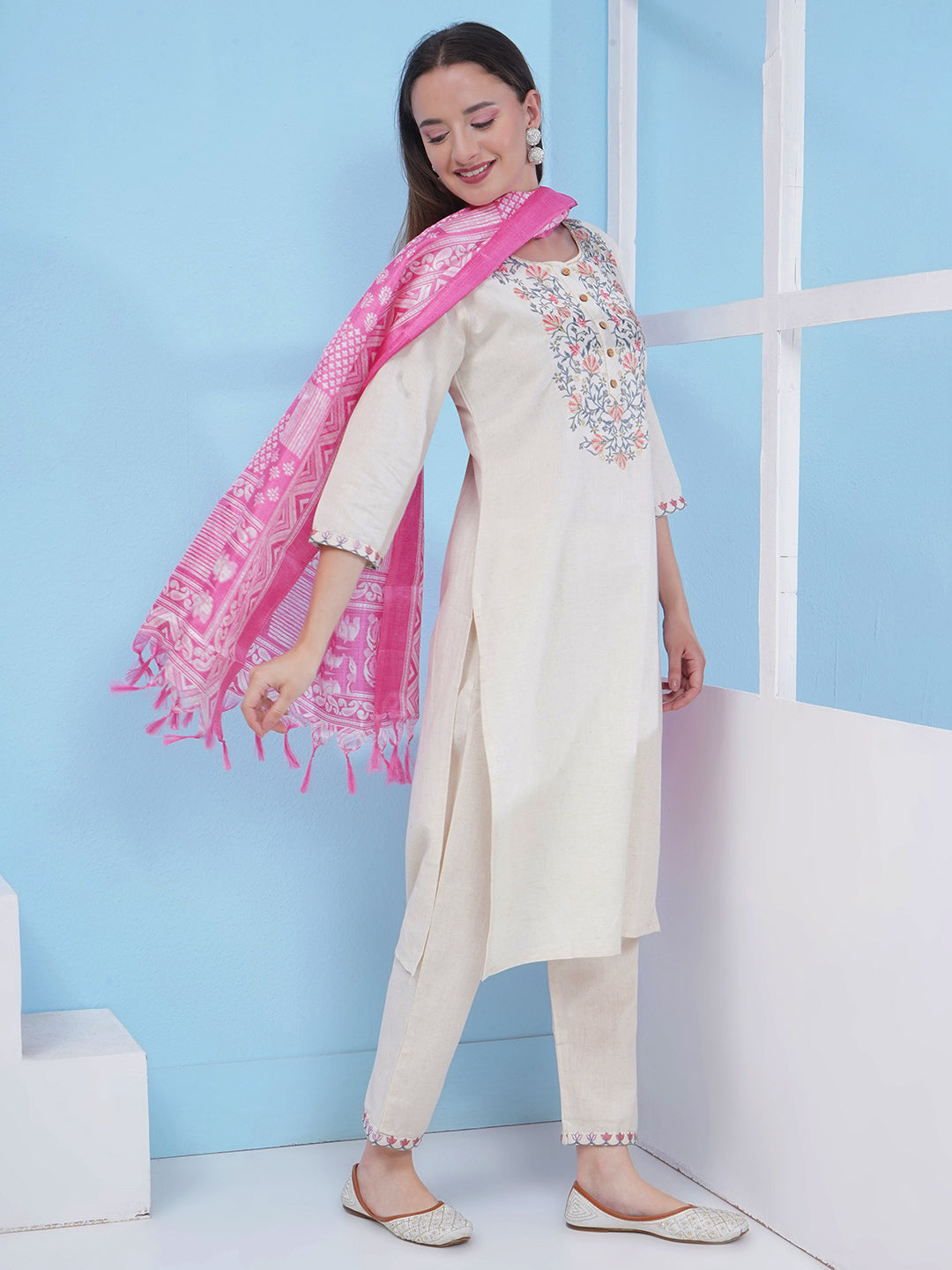 Embroidery Khadi Suit Set - Cream & Pink