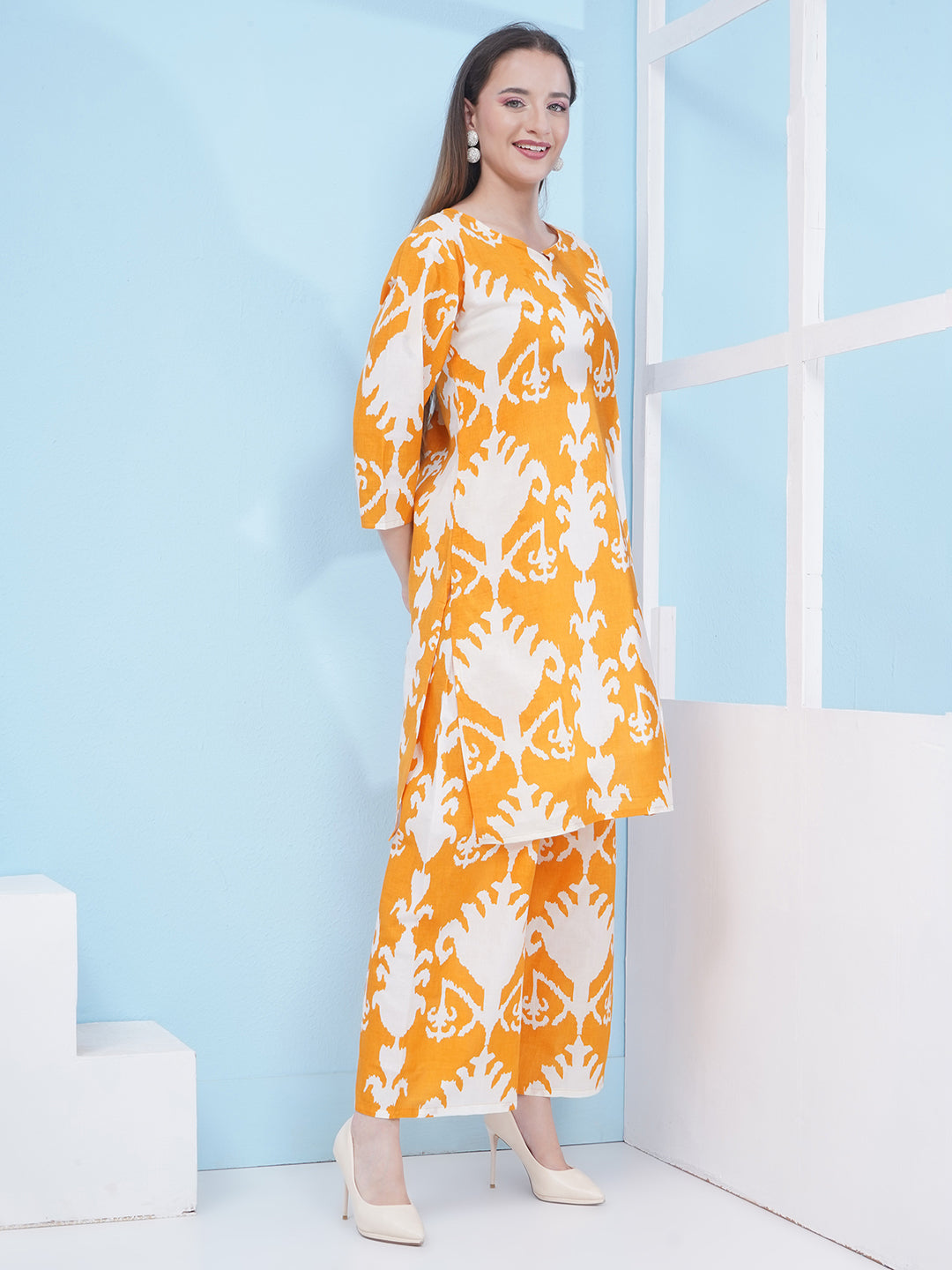 Motifs Printed Cotton Co-ord Set - Yellow