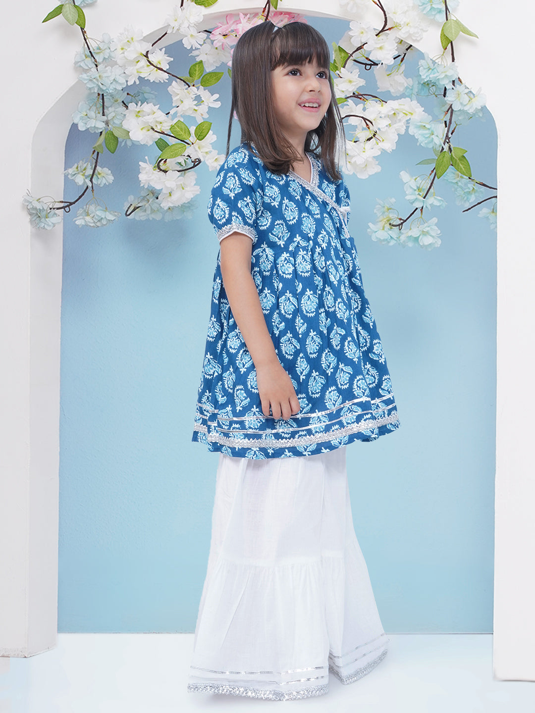 Girls Block Printed Gota Patti Cotton Angrakha Kurti with Sharara - Blue & White