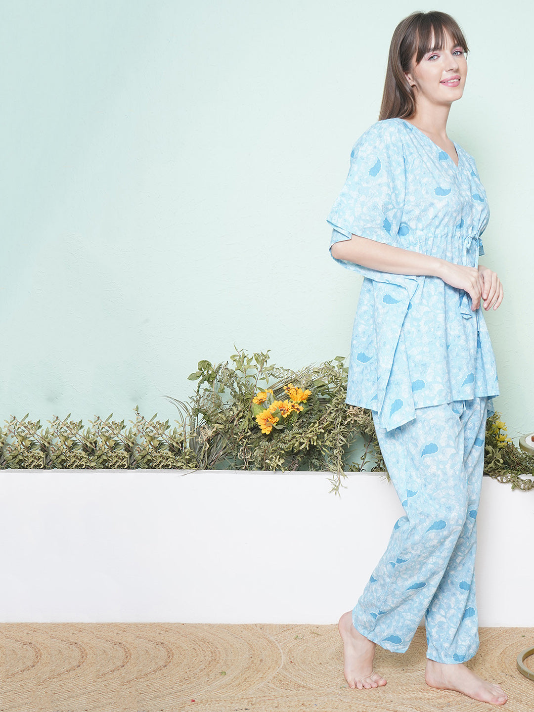 Printed Kaftan Lounge Wear - Light Blue