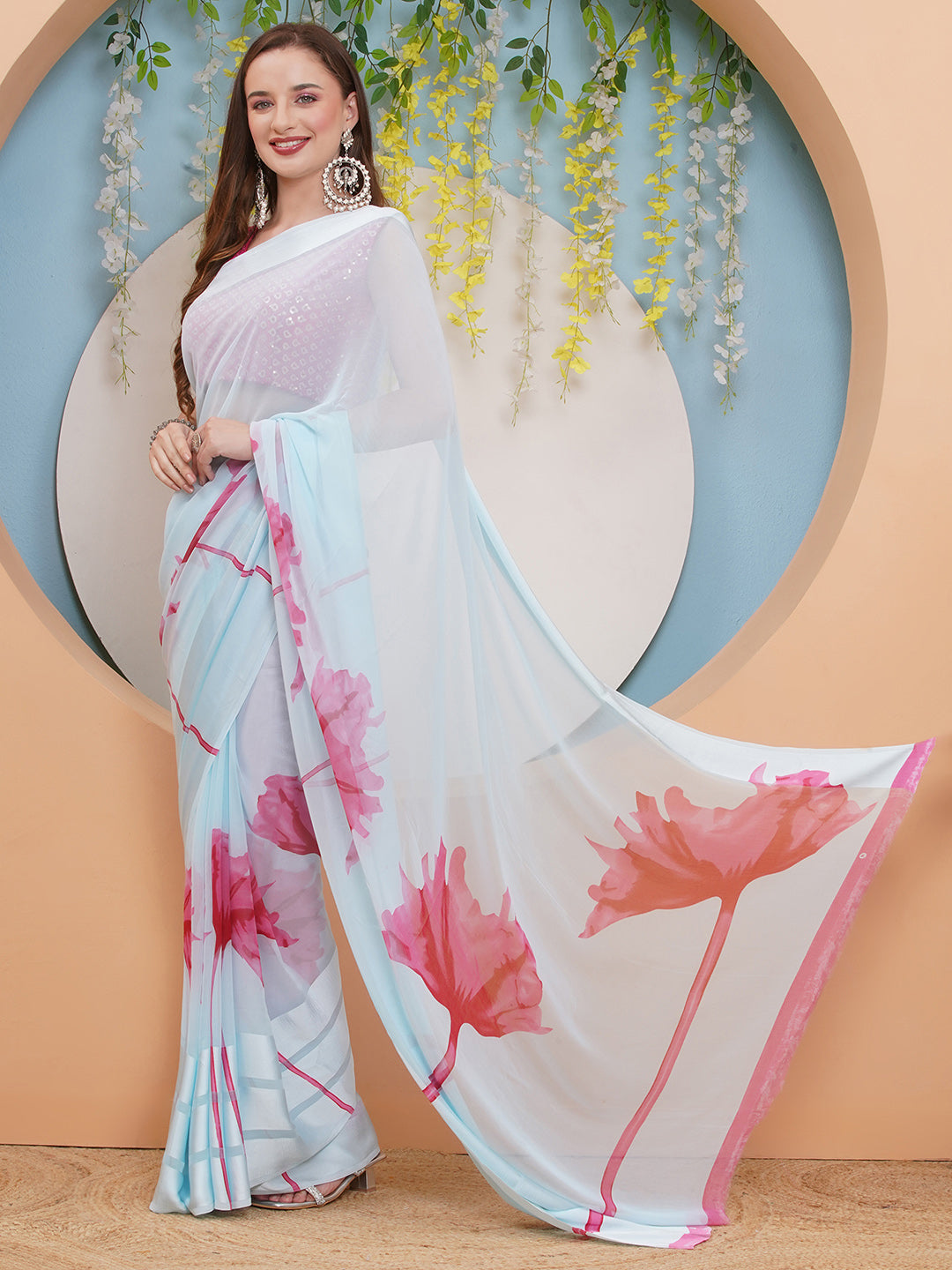 Floral Print Chiffon Saree - Light Blue-Pink