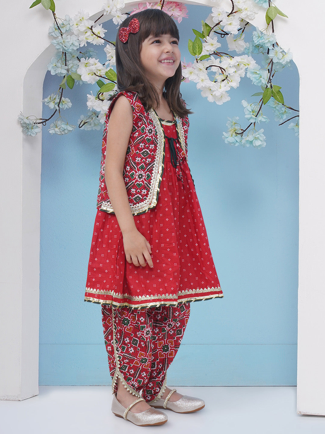 Girls Patola Print Gotta Patti Cotton Kurti with Dhoti Pant - Red