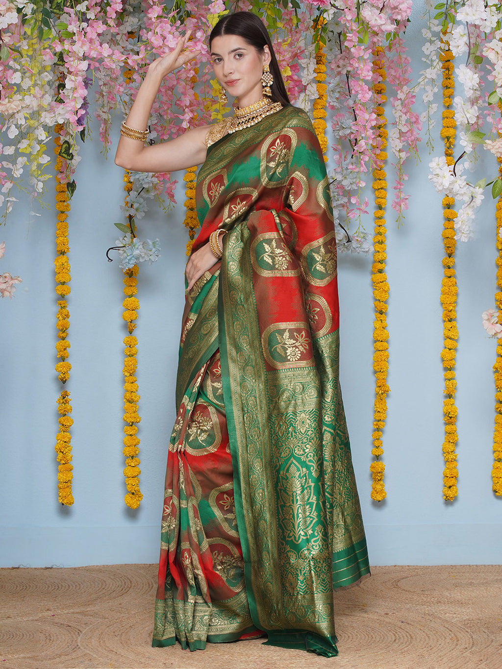 Banarasi Silk Jacquard Zari Kanjeevaram Saree - Peacock Green