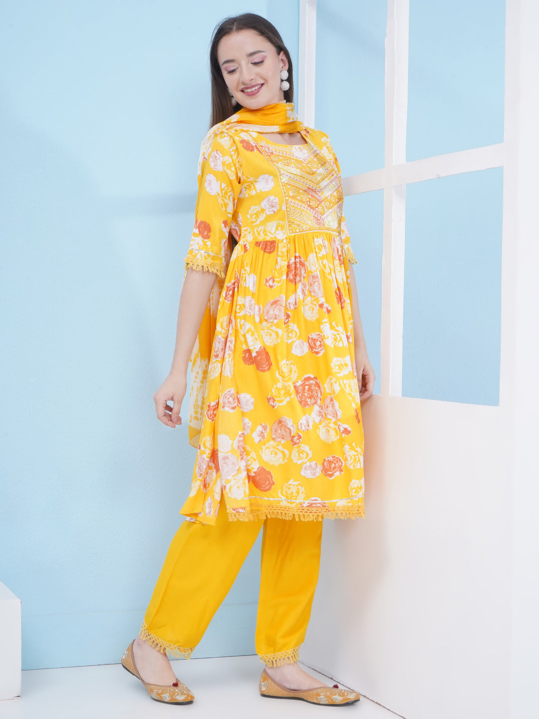 Nyra Cut Floral Print Suit Set - Yellow