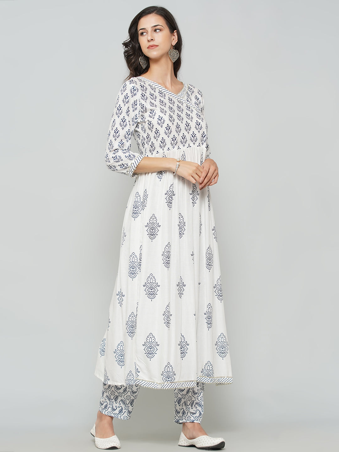 Angrakha Design Printed Suit Set - White & Navy Blue