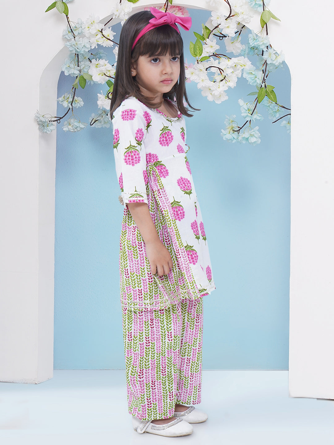 Girls Floral Printed Cotton A-line Kurta With Palazzo - Pink
