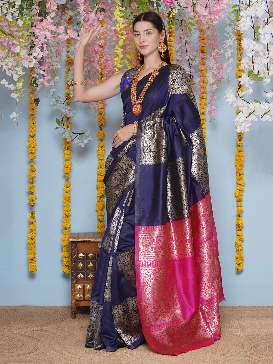 Silk Jacquard Zari Kanjeevaram Saree - Dark Blue & Magenta Pink