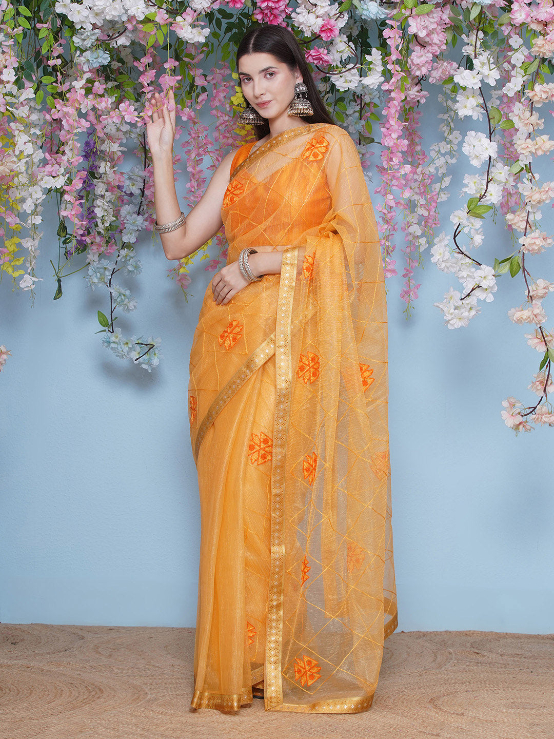 Net Emboridary Saree - Orange