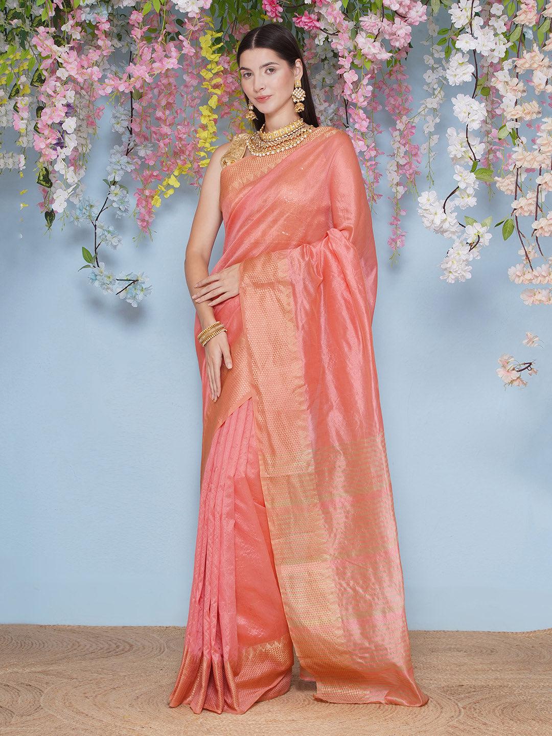 Tussar Silk Saree with Golden Zari Work - Peach
