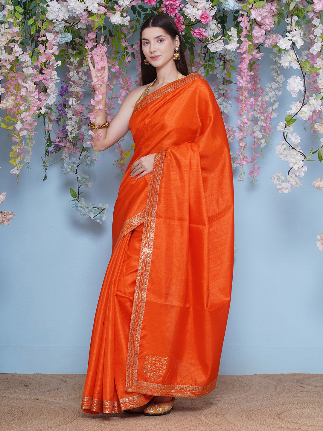 Svaroski Buta Silk Blend Saree - Orange
