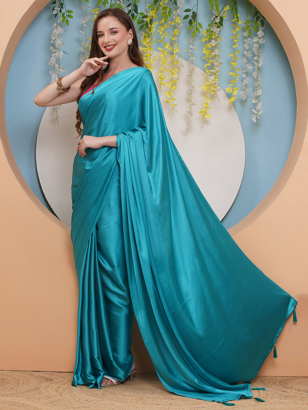 Satin Saree - Aqua Blue