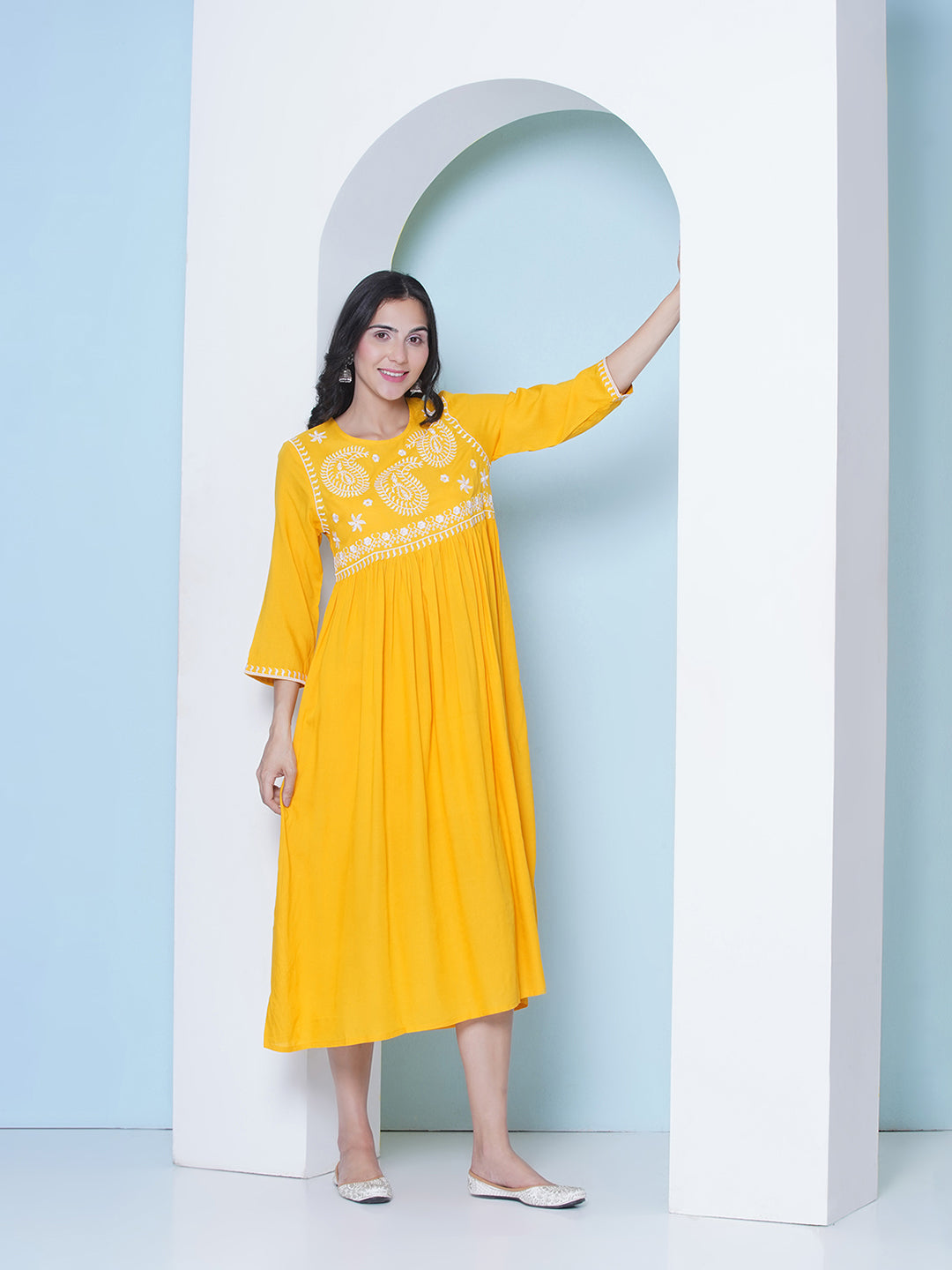 Embroidery Gown Dress - Yellow