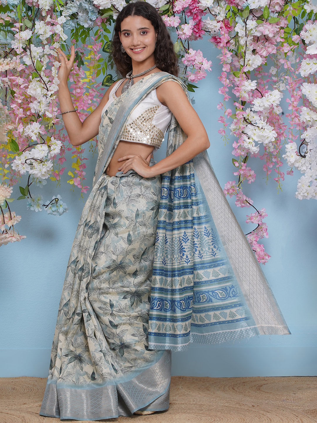 Cotton Silk Jacobean Pattern Saree - Pastel Blue