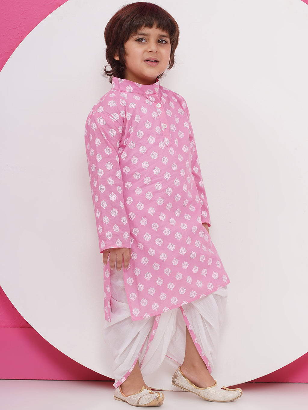 Boys Boti Printed Cotton Kurta with Dhoti - Pink