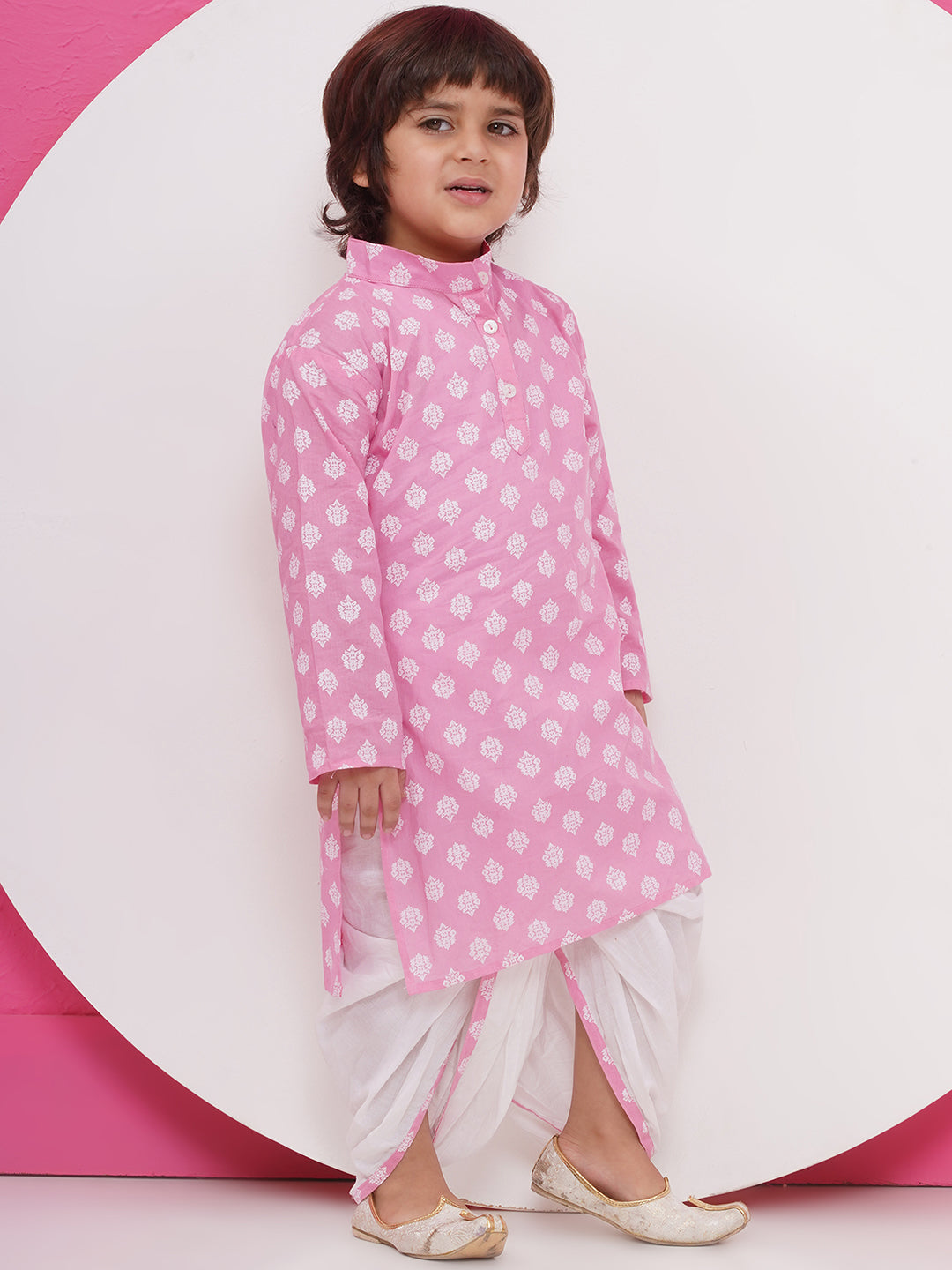 Boys Boti Printed Cotton Kurta with Dhoti - Pink