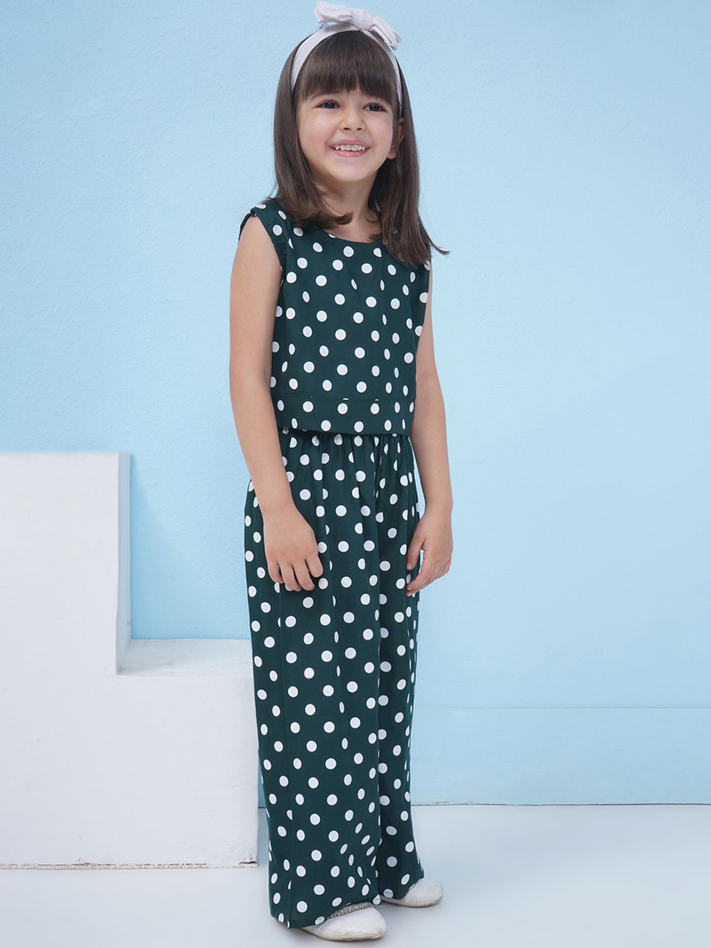 Girls Cotton Blend Polka Dot Co-Ord Set - Dark Green
