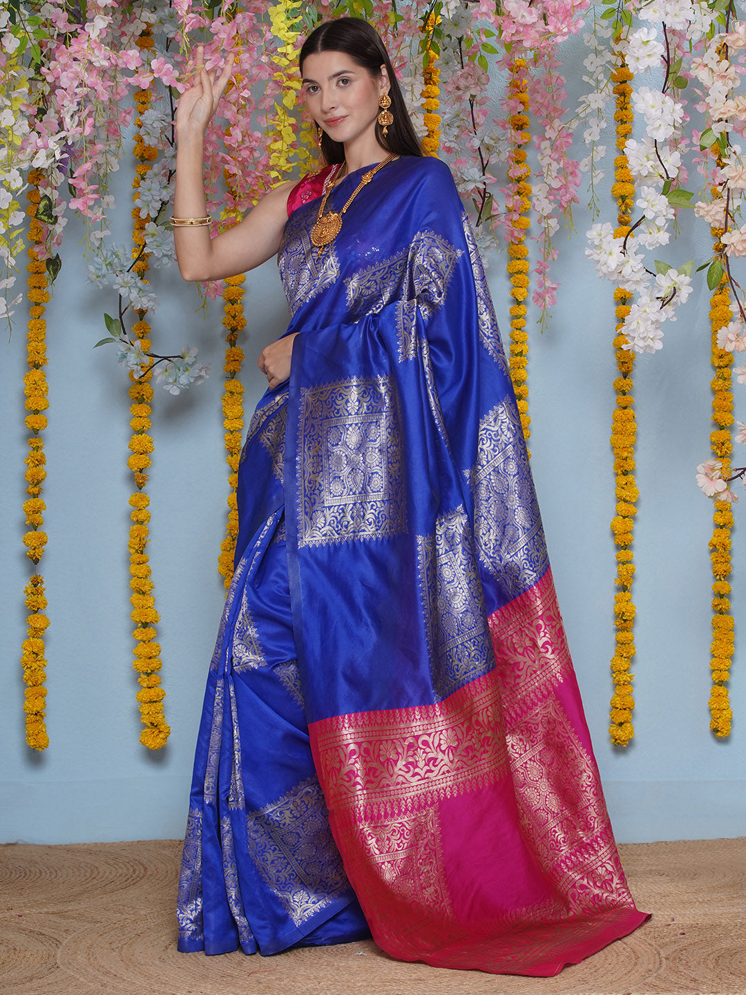 Silk Jacquard Zari Kanjeevaram Saree - Cobalt Blue & Magenta Pink