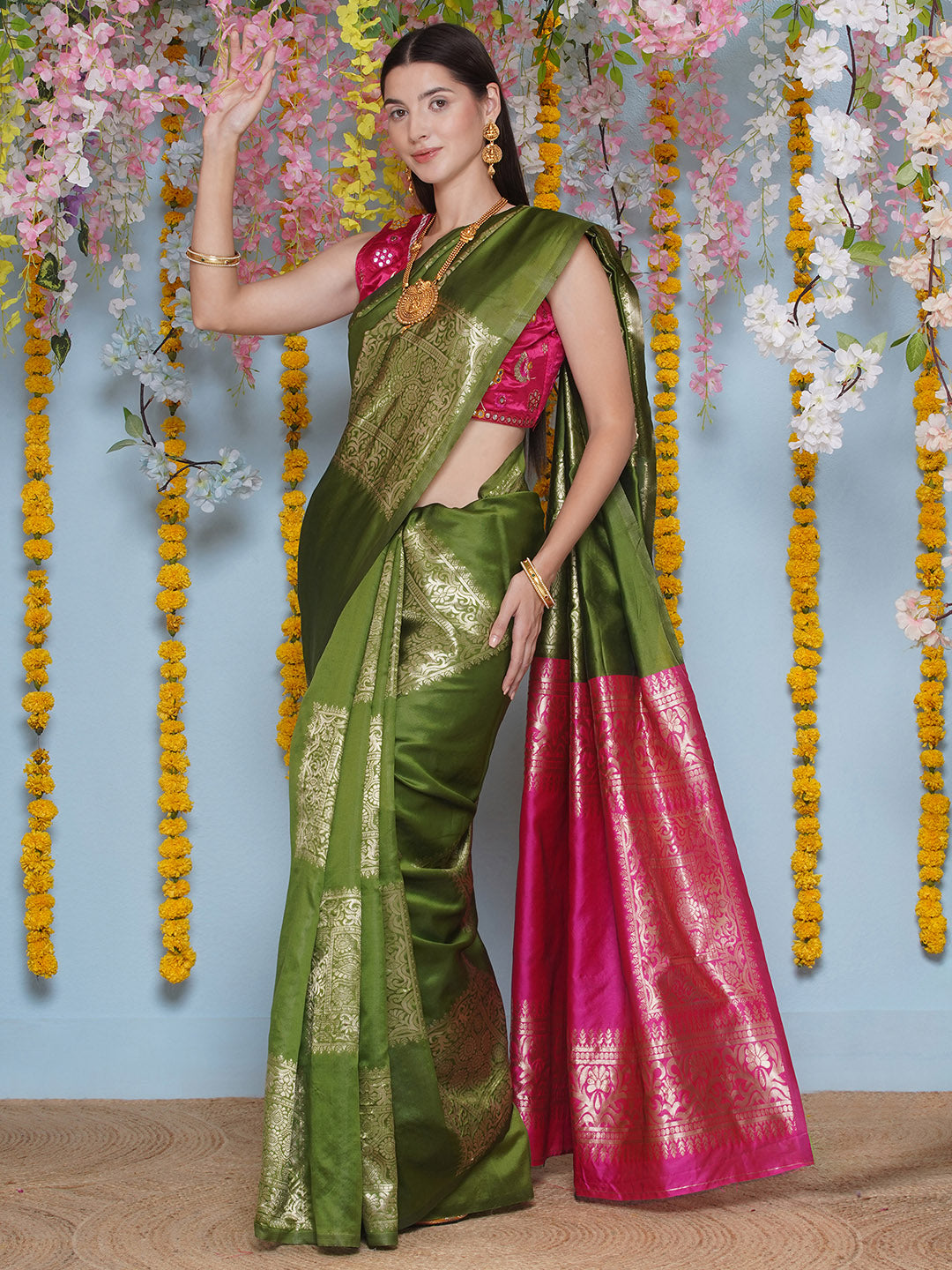 Silk Jacquard Zari Kanjeevaram Saree - Bottle Green & Magenta Pink