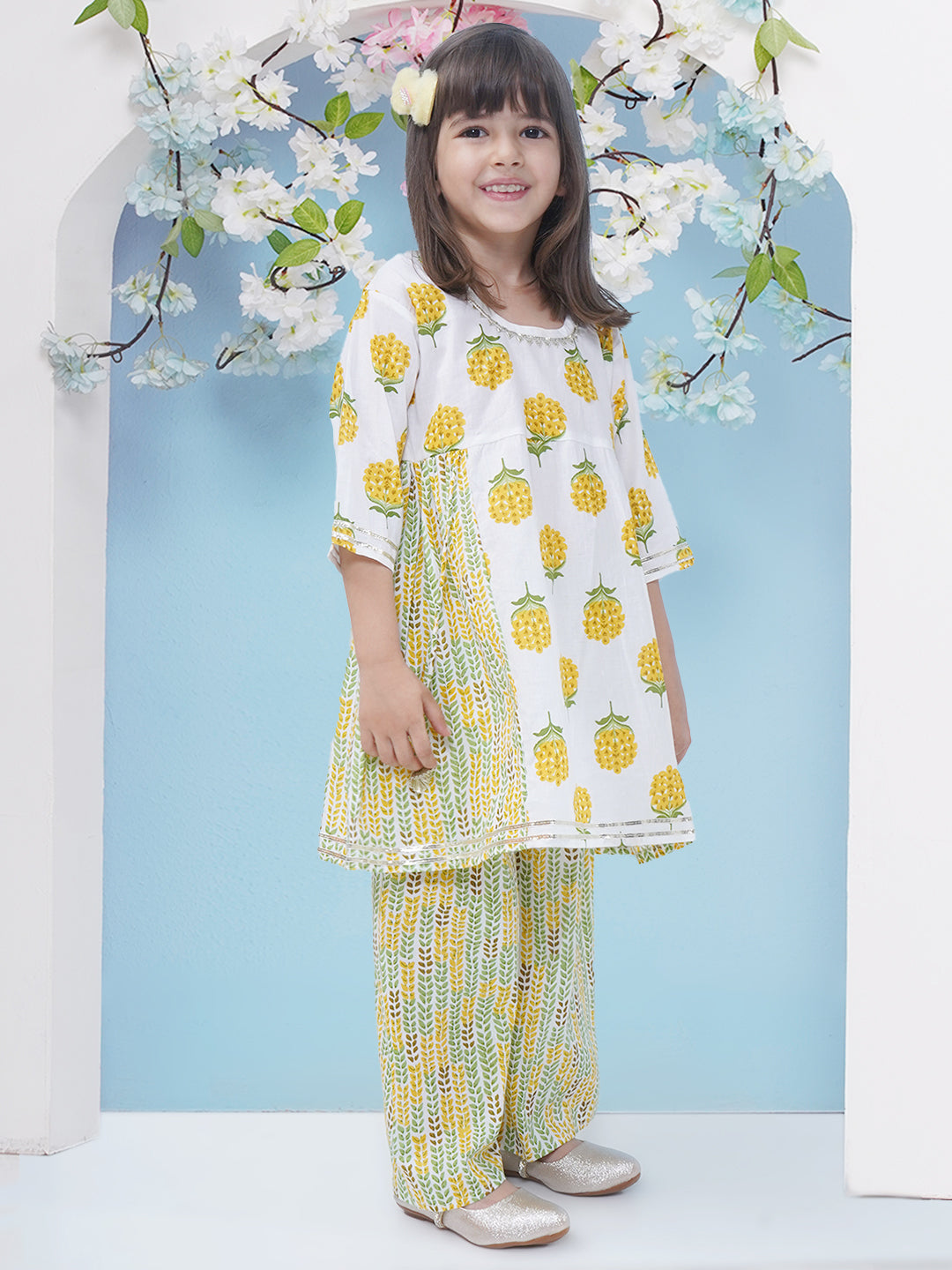 Girls Floral Printed Cotton A-line Kurti With Palazzo - Yellow