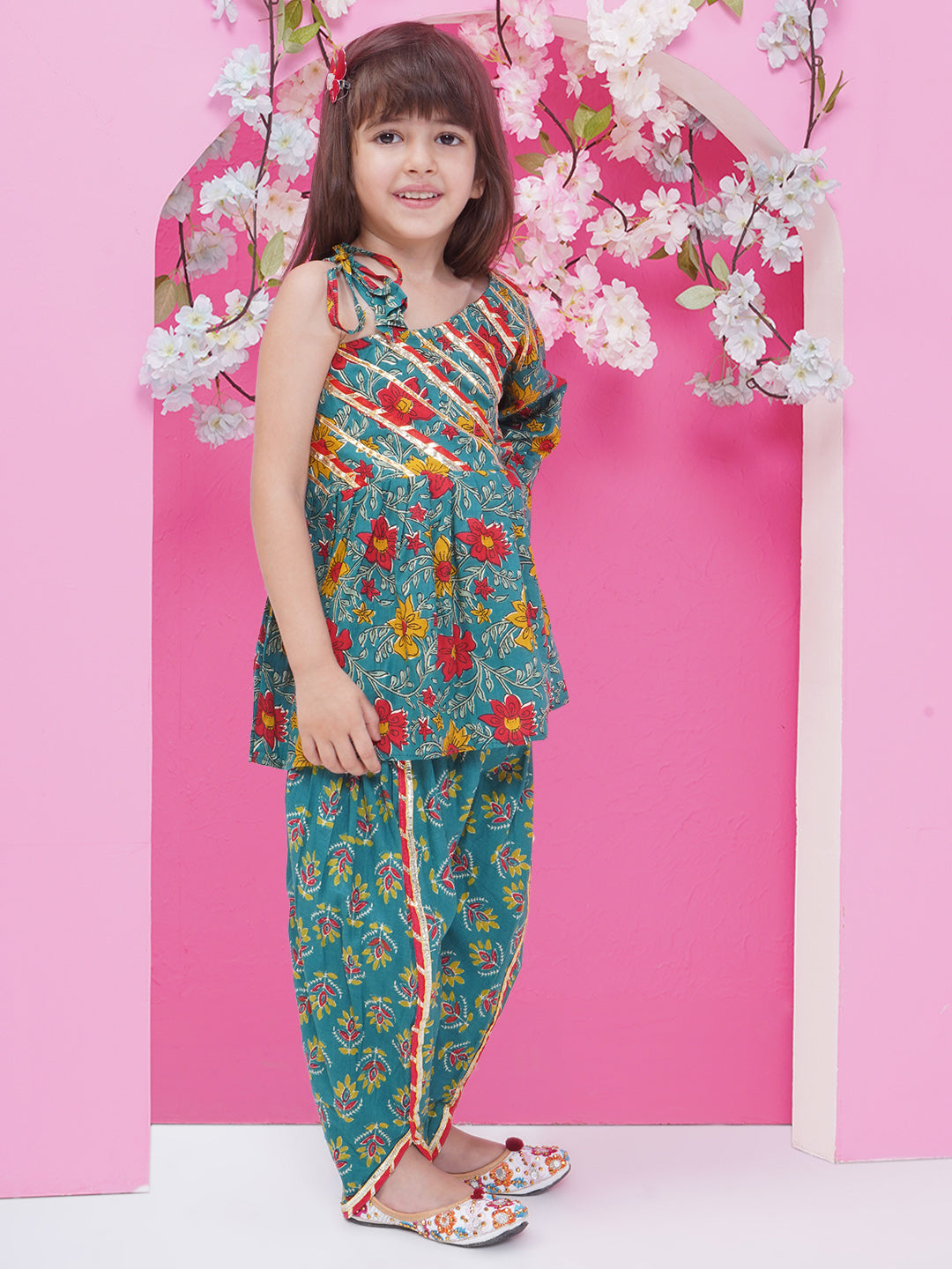 Girls Gota Patti Printed off shoulder Kurta with Dhoti Pant - Teal
