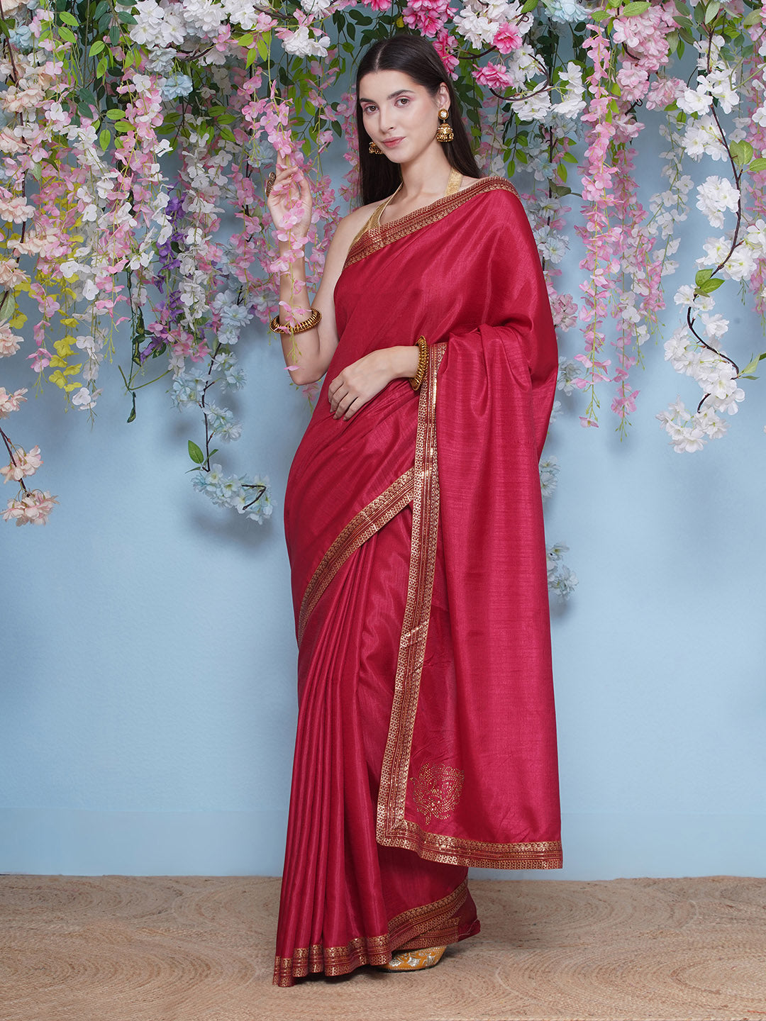 Svaroski Buta Silk Blend Saree - Crimson