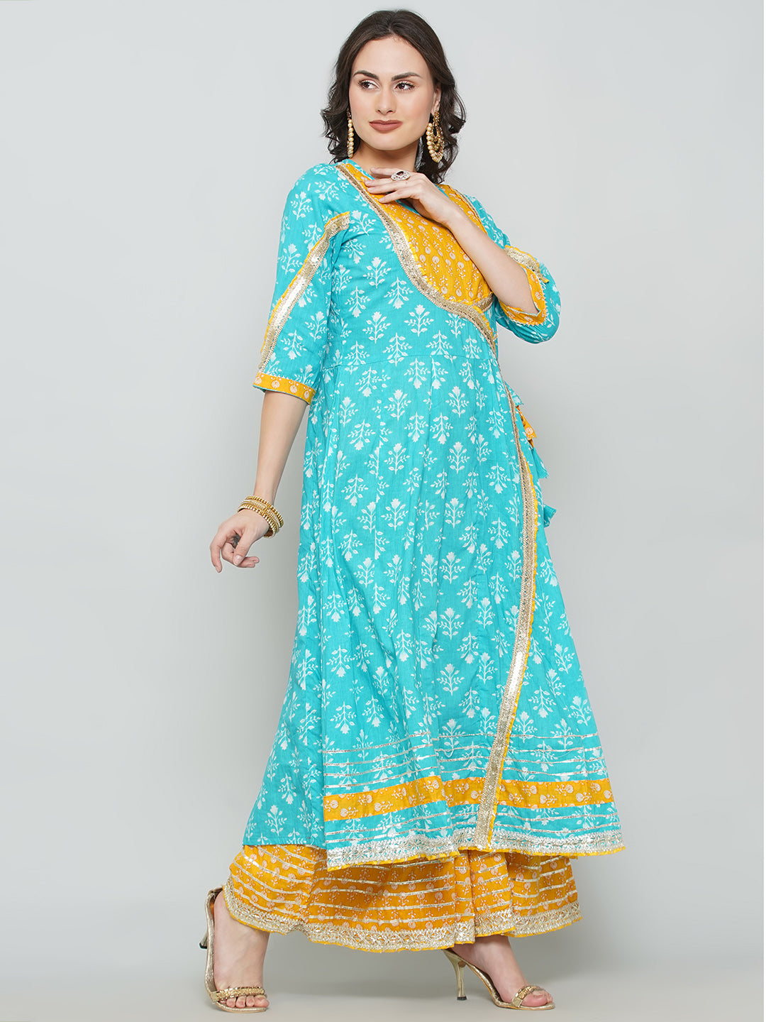 Gota Patti Sharara Suit Set - Cyan & Yellow
