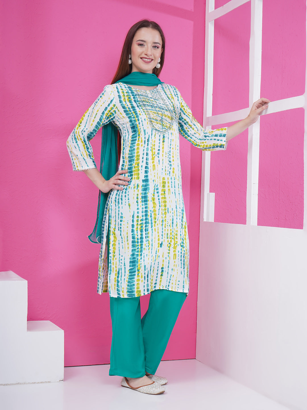 Printed Suit Set - White & Turquoise