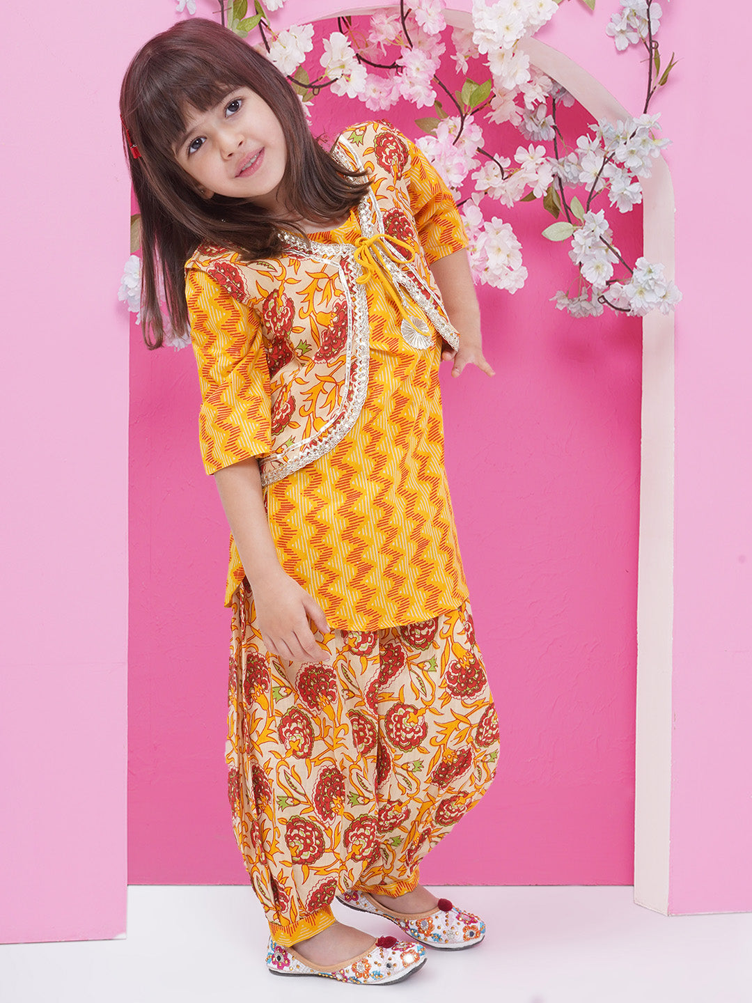 Girls Floral Gota patti Suit - Mustard Yellow