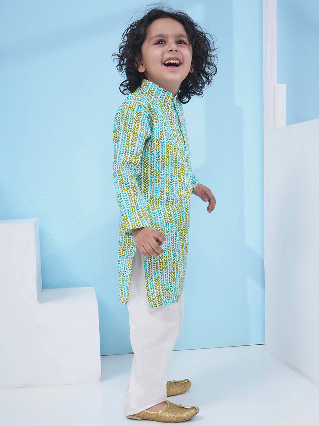 Boys Floral Printed Cotton Kurta with Pajama - Green & Aqua Blue