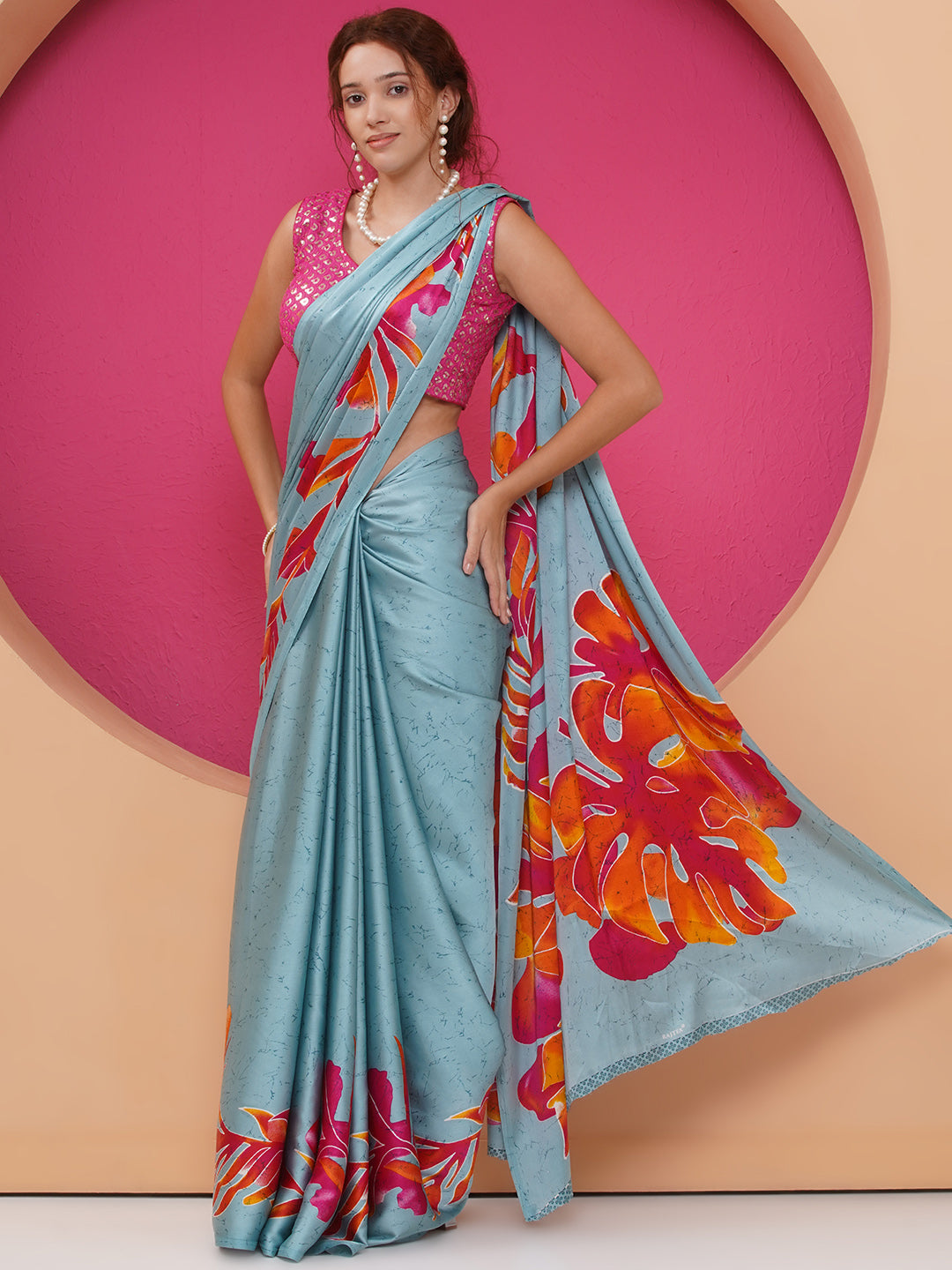 Graphic Printed Crepe-Silk Saree - Light Blue