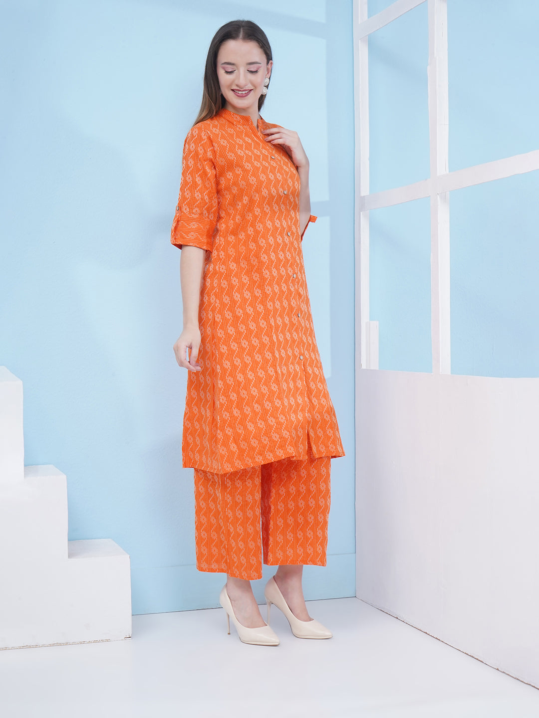 Printed Cotton Co-Ord Set - Orange