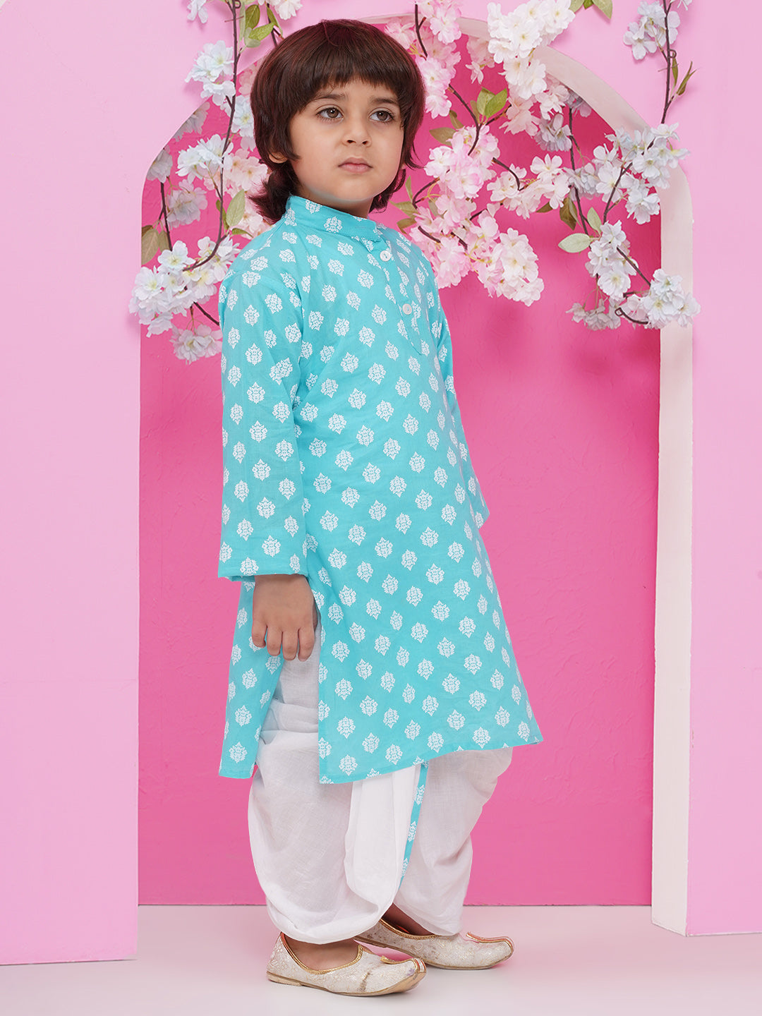 Boys Boti Printed Cotton Kurta with Dhoti - Light Blue