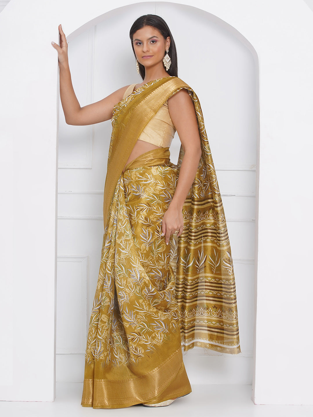 Cotton Silk Batik Print Saree - Gold