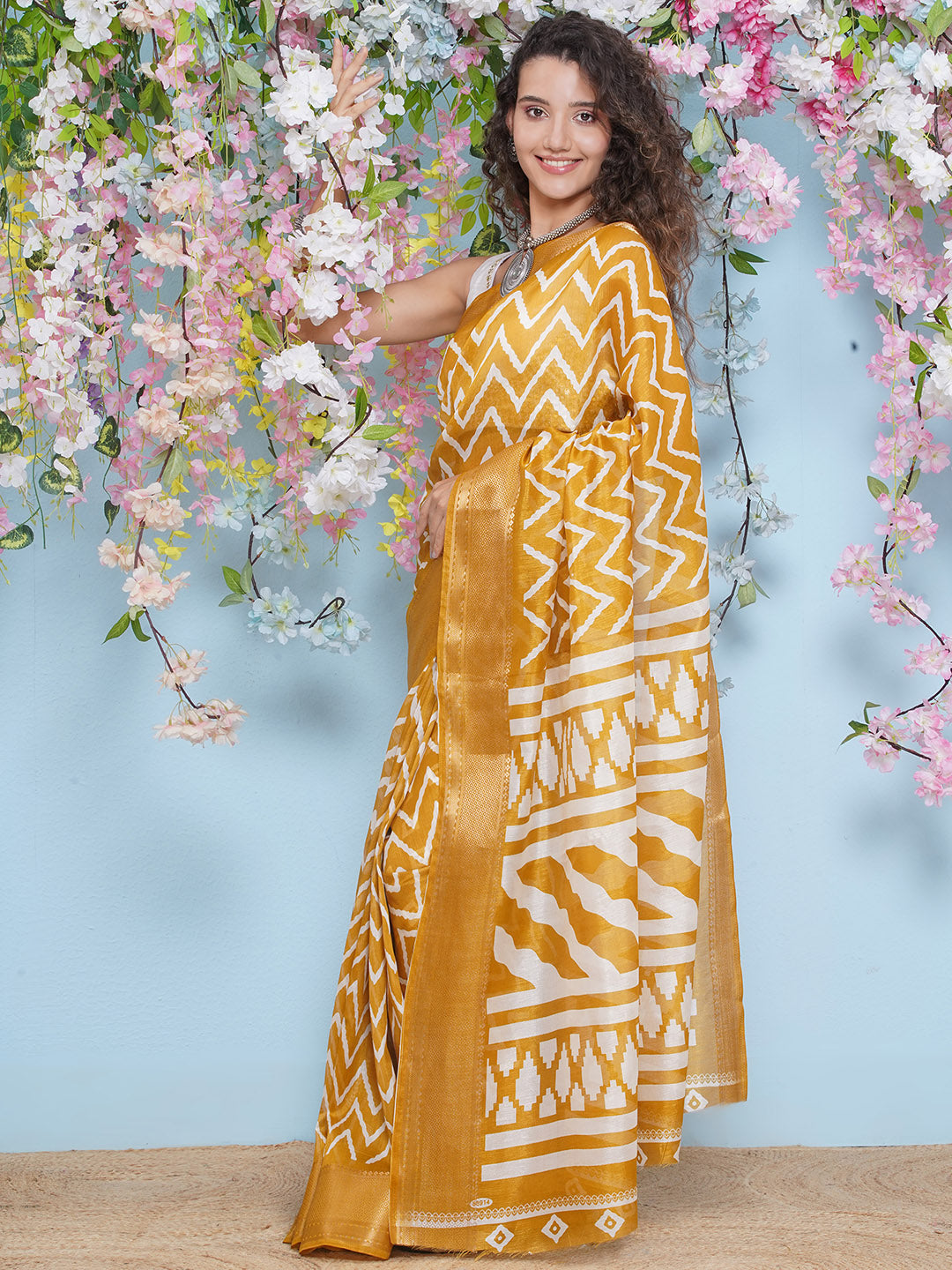 Cotton Silk Chevron Pattern Saree - Mustard Yellow