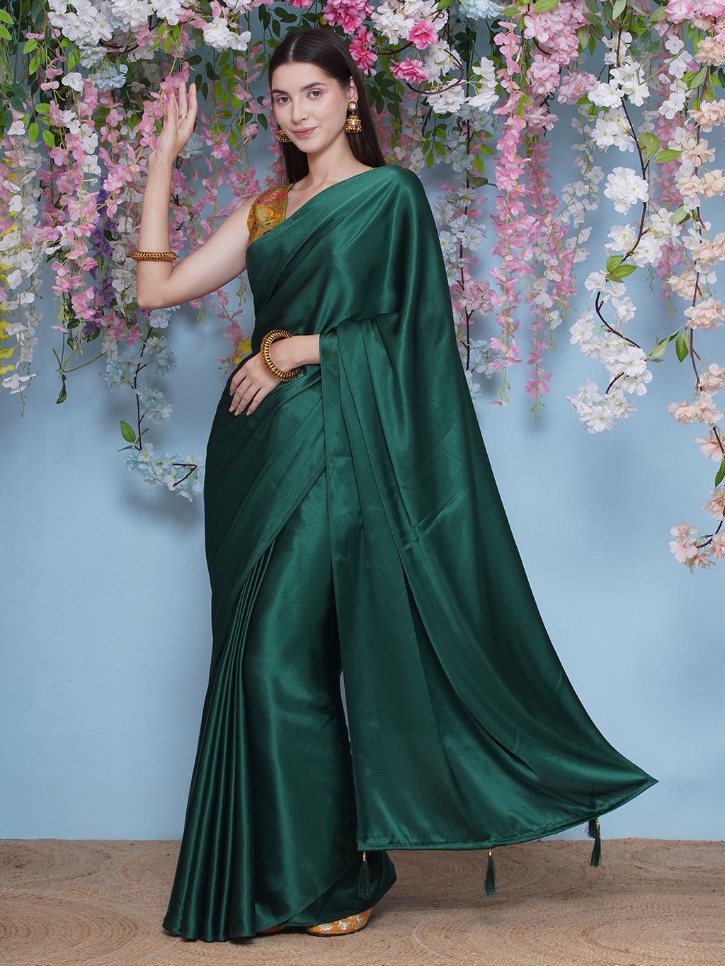 Satin Saree - Peacock Green
