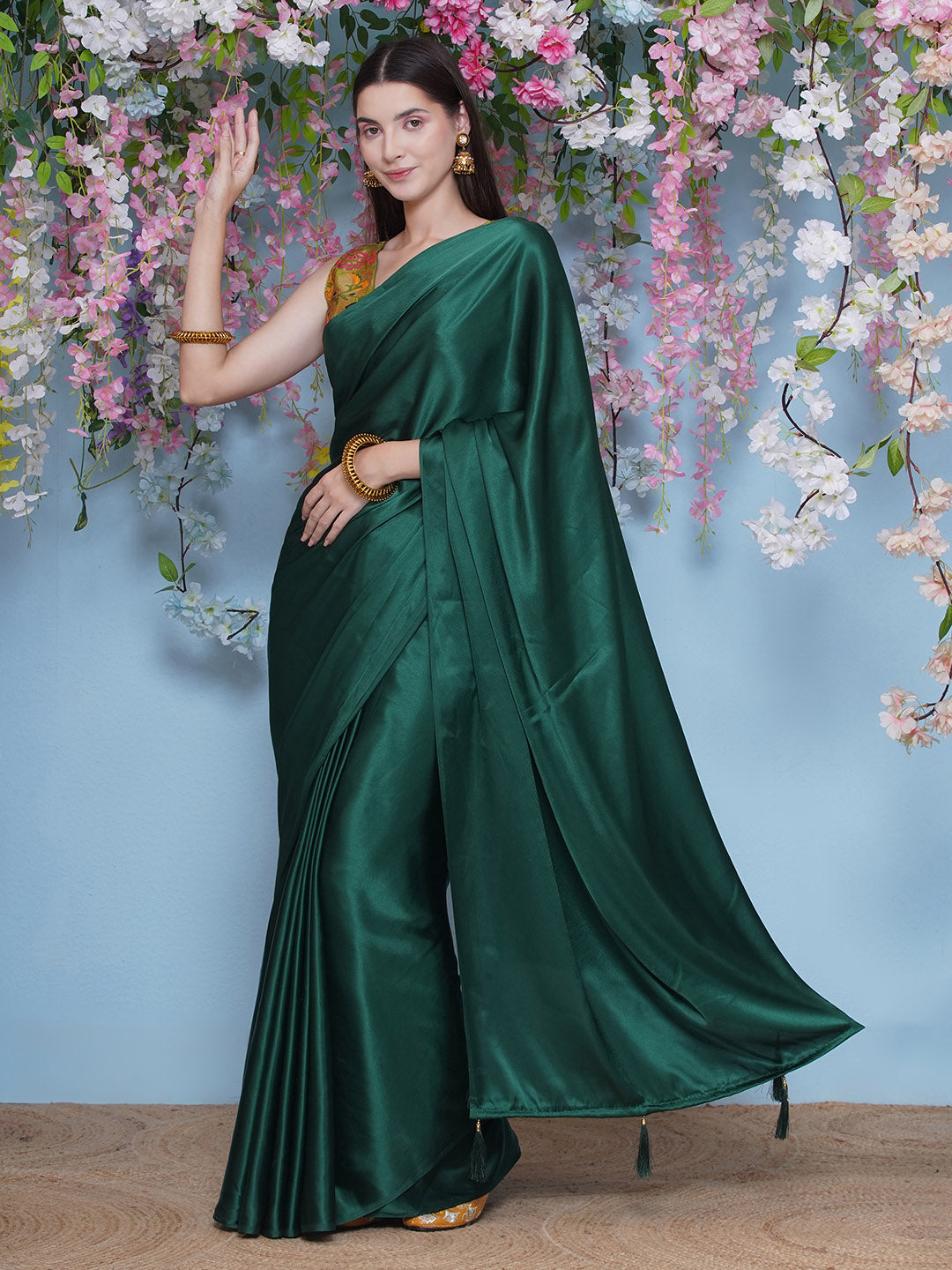Satin Saree - Peacock Green