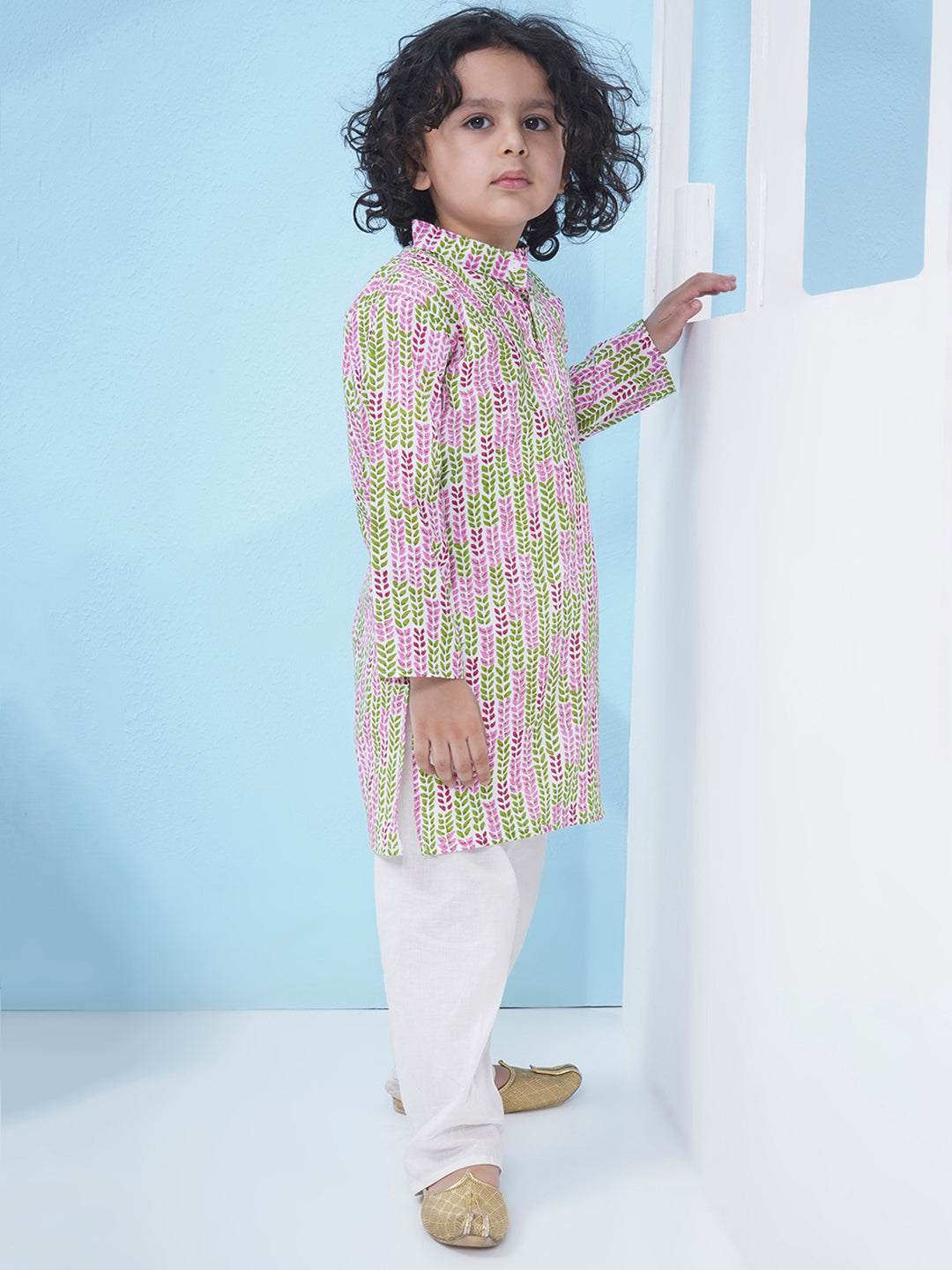 Boys Floral Printed Cotton Kurta with Pajama - Green & Pink