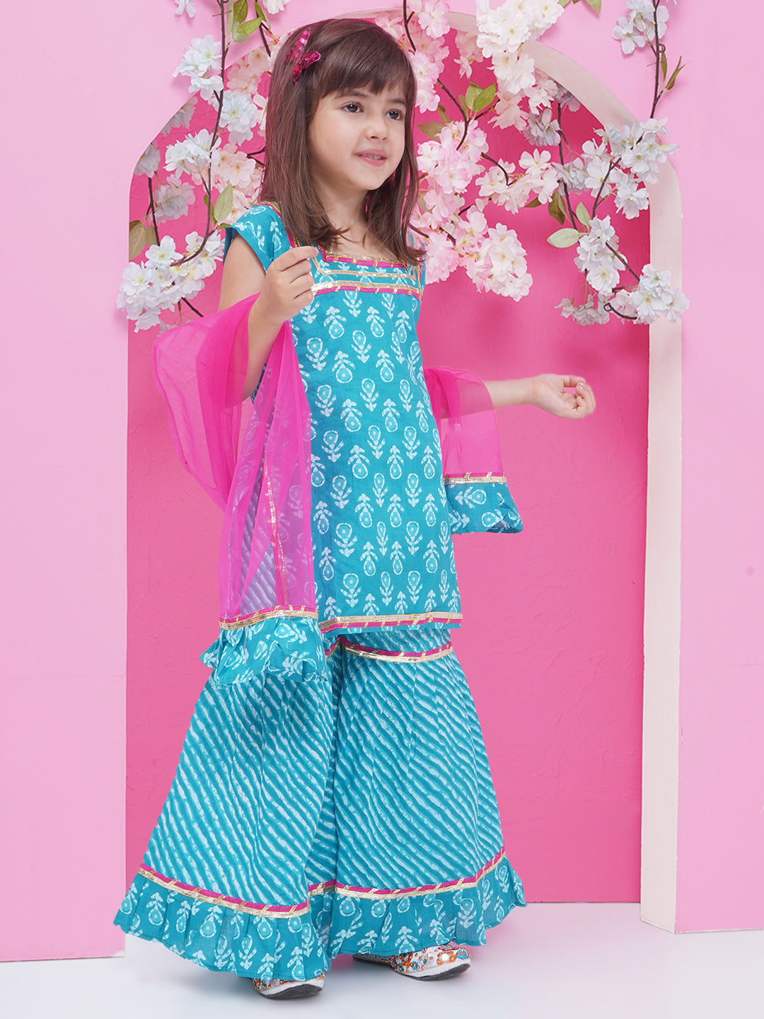 Girls Ethnic Printed Pure Cotton Kurti With Sharara & With Dupatta - Blue