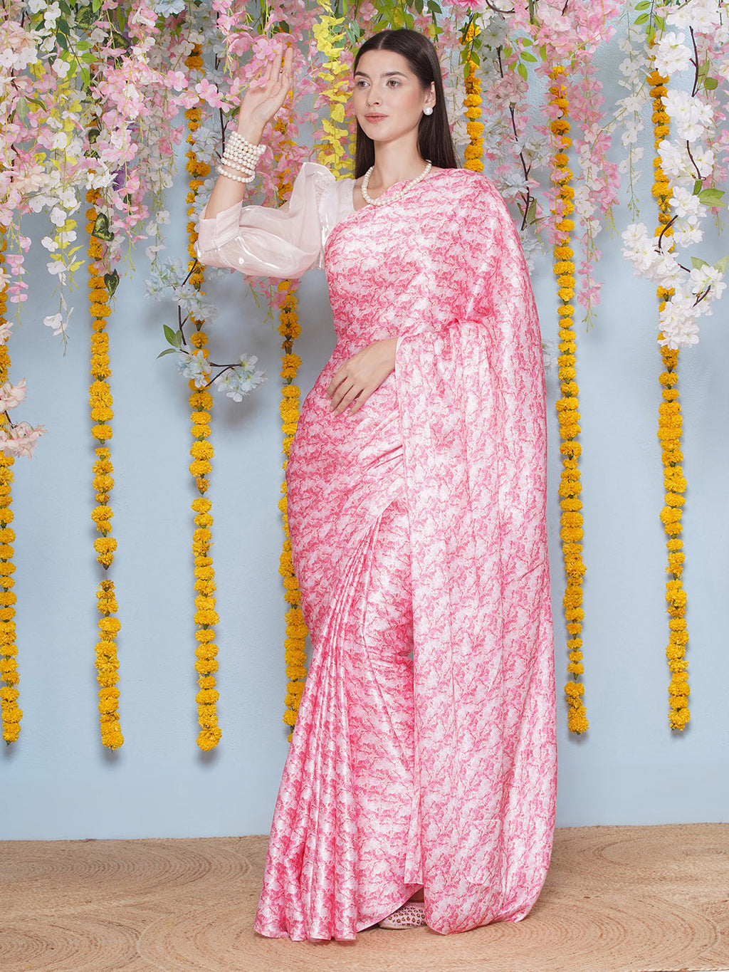 Floral Print Satin Silk Saree - Light Pink