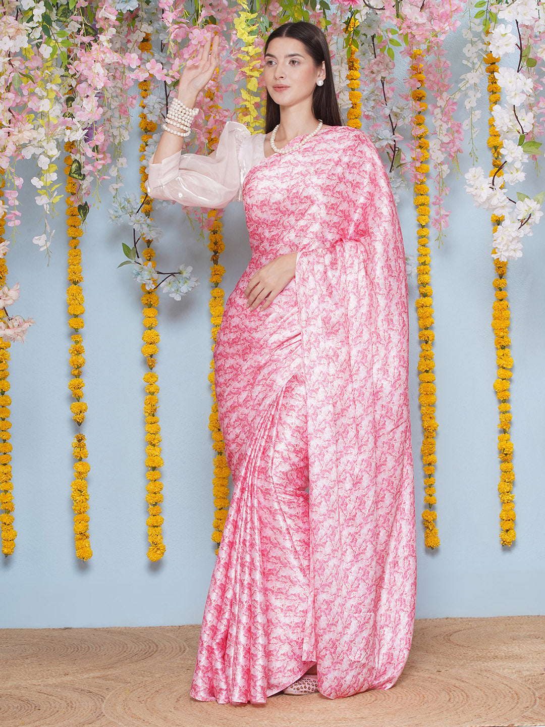 Floral Print Satin Silk Saree - Light Pink