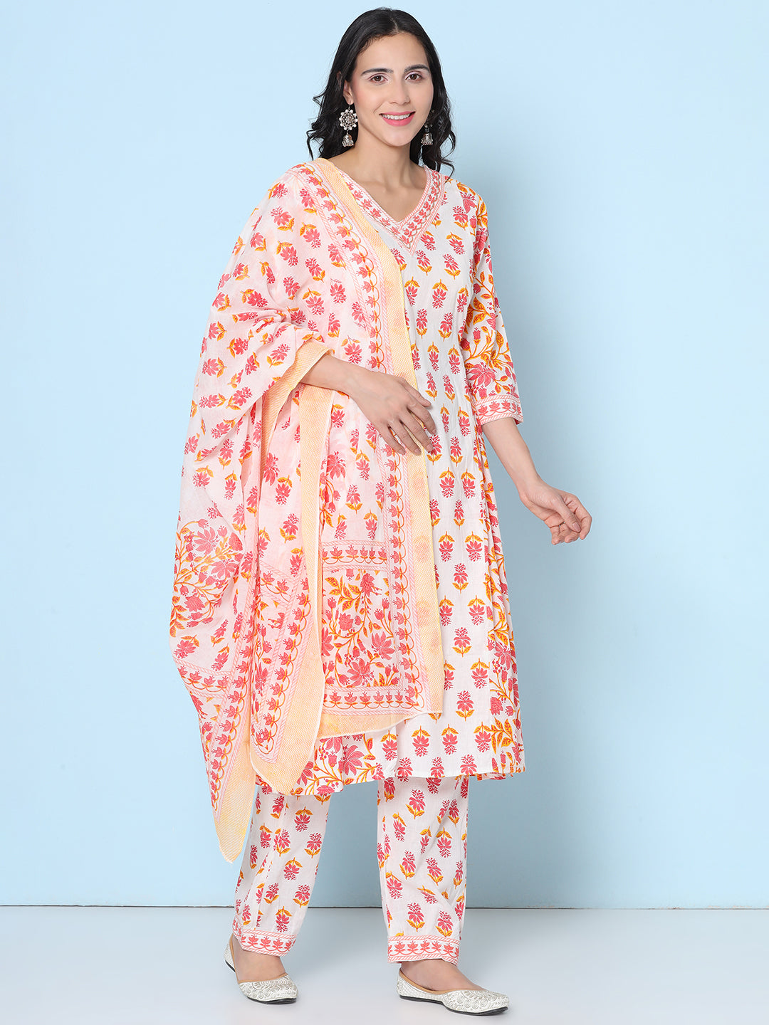 Printed Motif Kurti with Afghani Pant & Dupatta - Orange