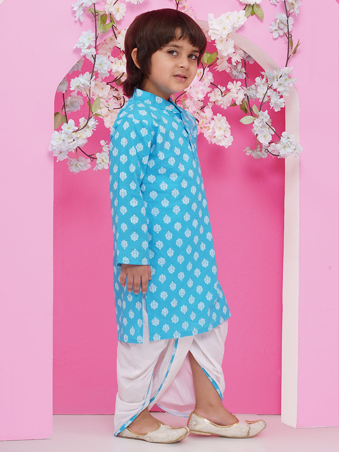 Boys Boti Printed Cotton Kurta with Dhoti - Blue