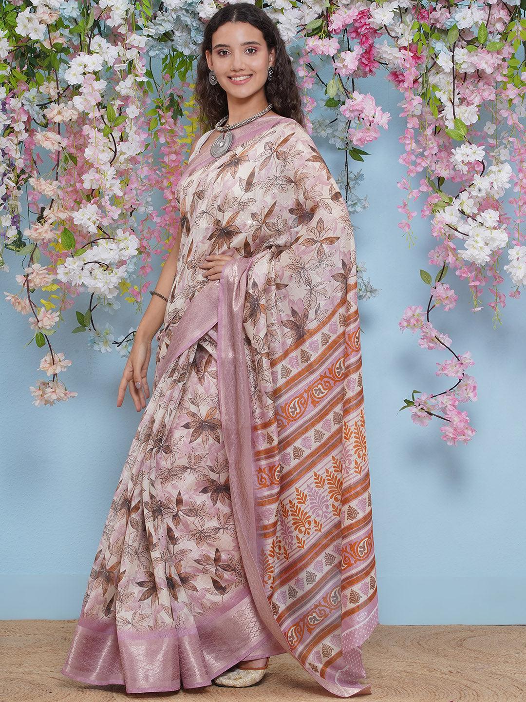 Cotton Silk Jacobean Pattern Saree - Baby Pink