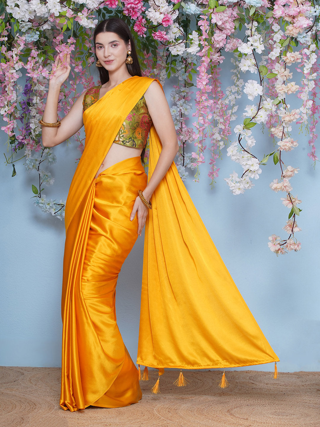 Satin Saree - Yellow