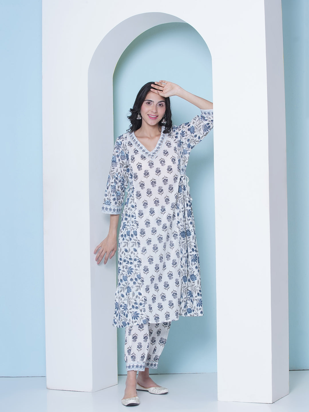 Printed Motif Kurti with Afghani Pant & Dupatta - Blue